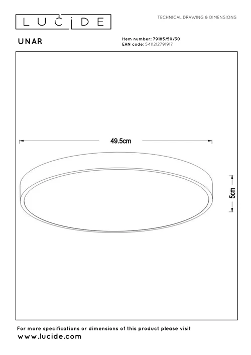 Lucide UNAR - Deckenleuchte - Ø 49,5 cm - LED 3 StepDim - 1x36W 2700K - Schwarz - technisch